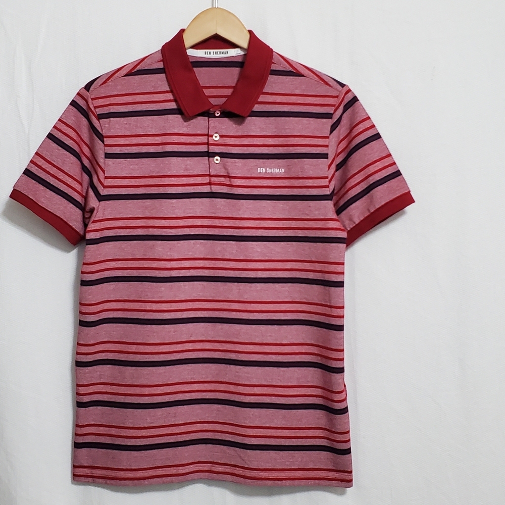 Ben Sherman Red Striped Cotton Polo Shirt Large